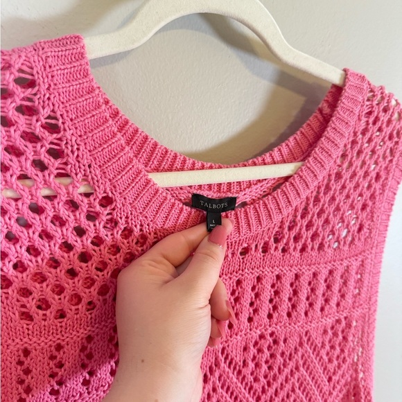 Talbots • Pink Crochet Sweater Knit Sleeveless Vest Blouse Sz Large Oversized - Picture 3 of 9